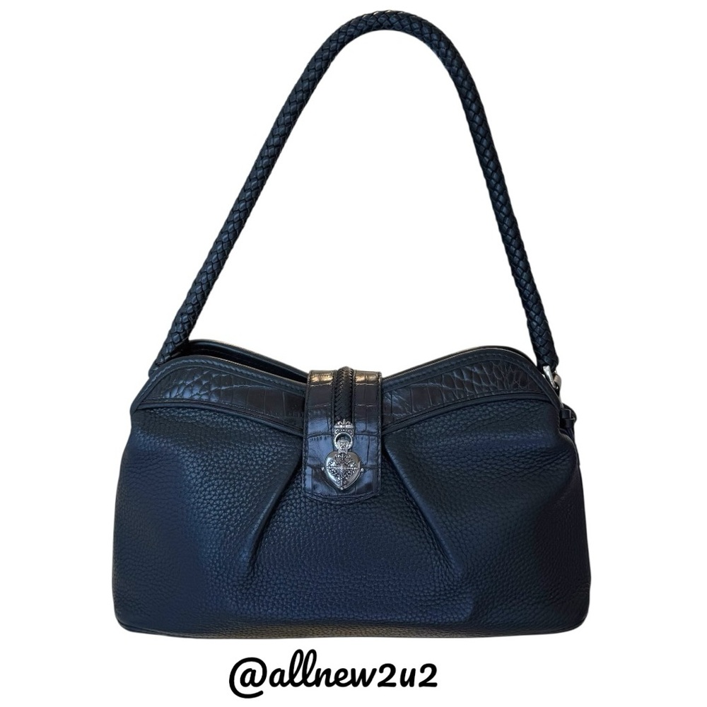 Brighton Black Croc Embossed Leather Flap Small Shoulder Bag Braided Handle